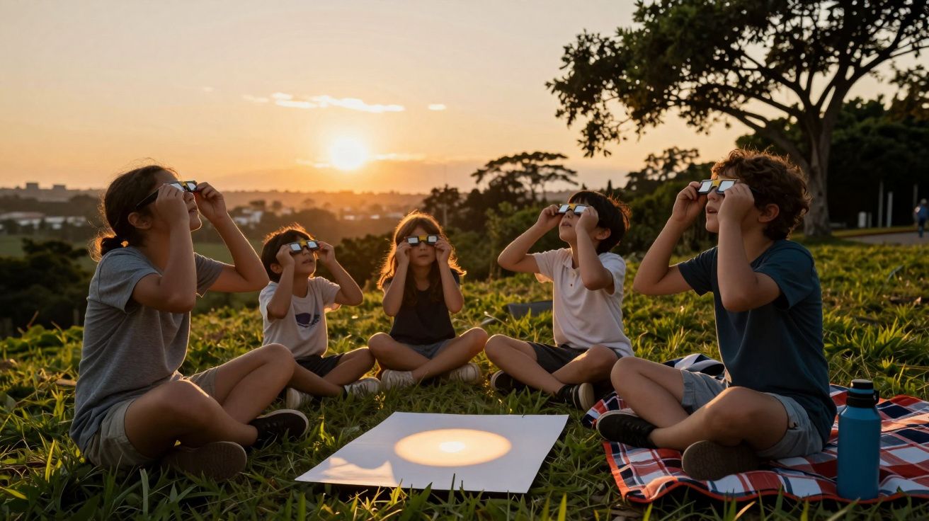 Crianças sentadas em círculo numa relva, usando óculos de proteção, observando o pôr do sol.
