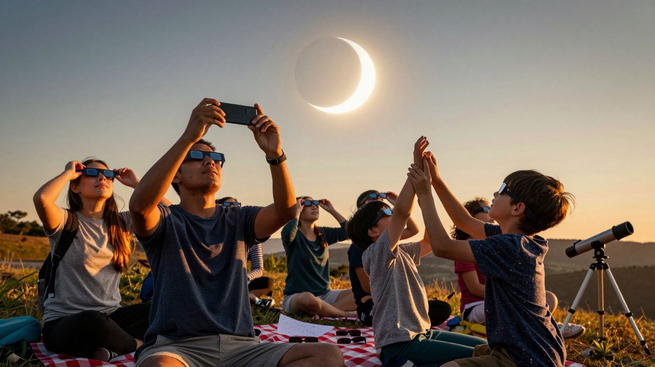Grupo de pessoas observa eclipse solar com óculos de proteção, sentados num campo ao entardecer.