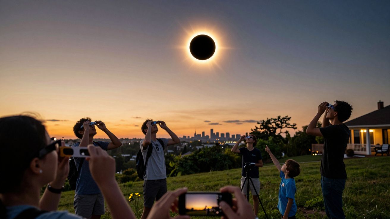 Pessoas observam um eclipse solar total ao ar livre, algumas com câmaras e óculos especiais, ao anoitecer.