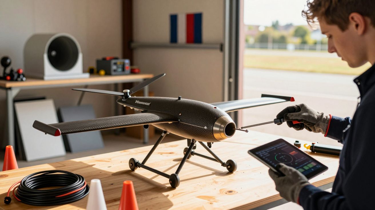 Homem ajusta drone em bancada, usando tablet; sala com ferramentas ao fundo.