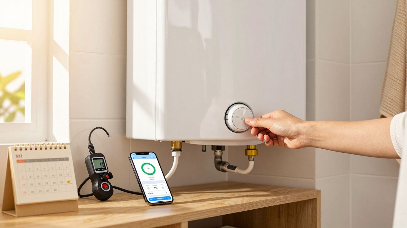 Mão ajusta um termóstato de esquentador, com smartphone e medidor de energia sobre bancada ao lado de um calendário.