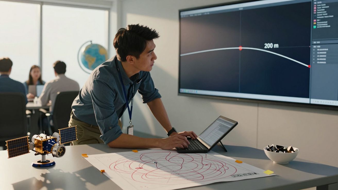 Homem analisa gráfico num ecrã, com mapas e modelo de satélite na mesa. Sala de reunião ao fundo.