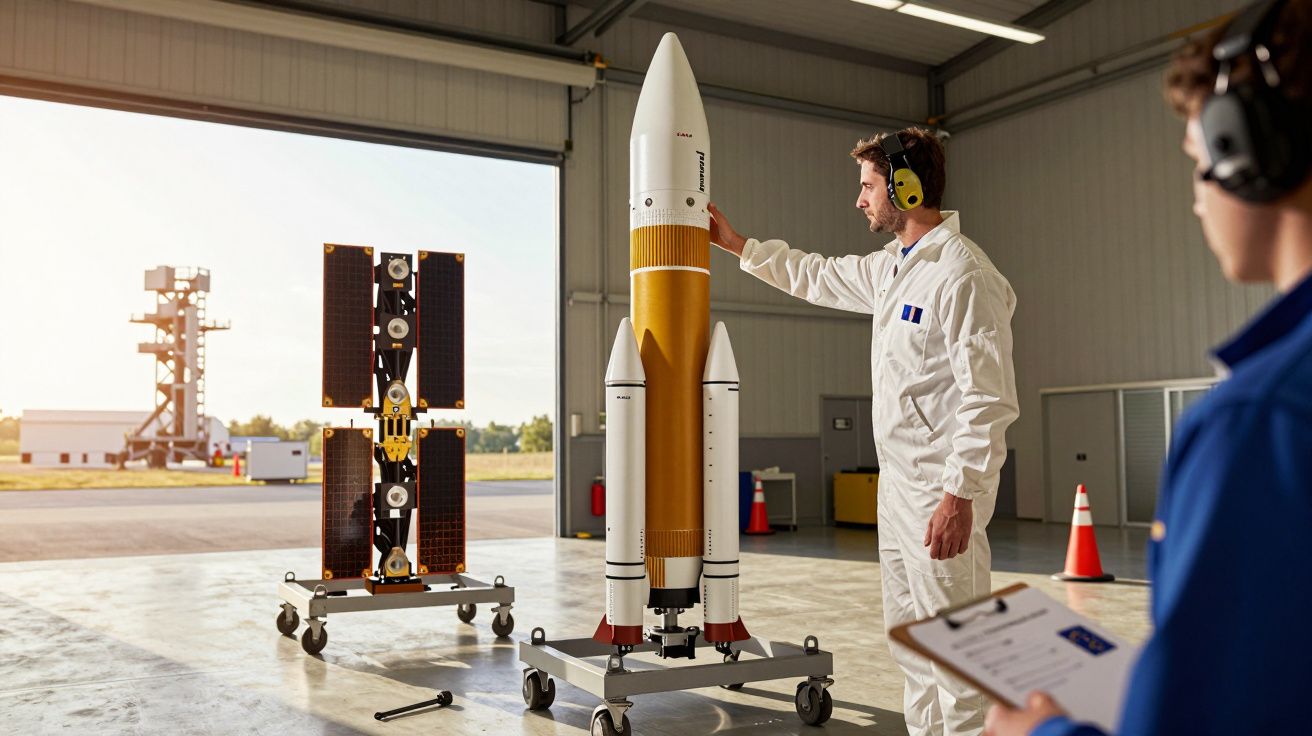 Homem examina protótipo de foguetão em hangar, com engenheiro ao lado segurando prancheta.