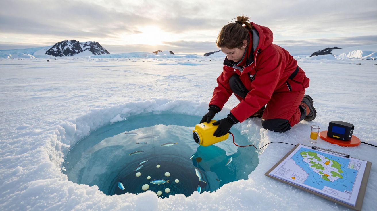 Cientista em roupa térmica inspeciona buraco no gelo com equipamento amarelo, mapa e dispositivos ao lado.
