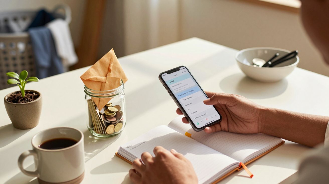Pessoa usando smartphone numa mesa com caderno, chávena, jarro com moedas e planta pequena.