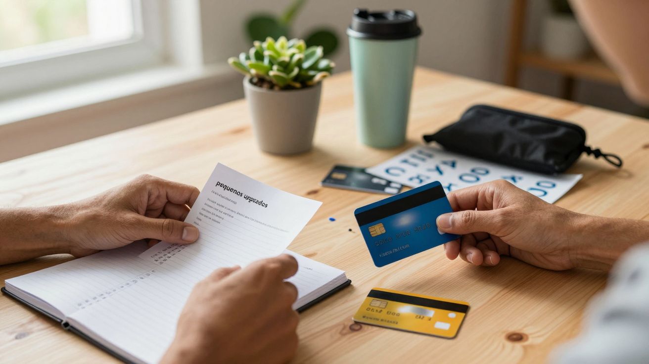Duas pessoas analisam um bloco de notas e cartões de crédito numa mesa de madeira, com plantas e chá ao fundo.