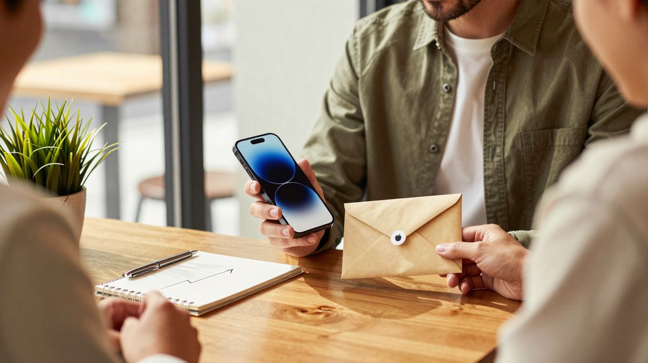 Duas pessoas sentadas a uma mesa, uma segura um telemóvel e a outra entrega um envelope.