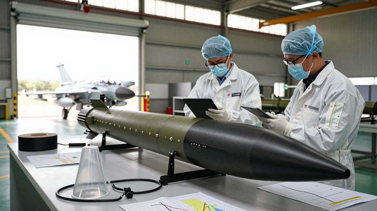 Dois técnicos examinam míssil em instalação militar, com caça ao fundo. Ambos utilizam tablets.