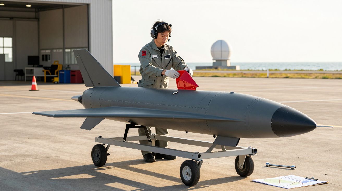 Pessoas mexem num avião drone cinzento numa pista, ao lado de um hangar.