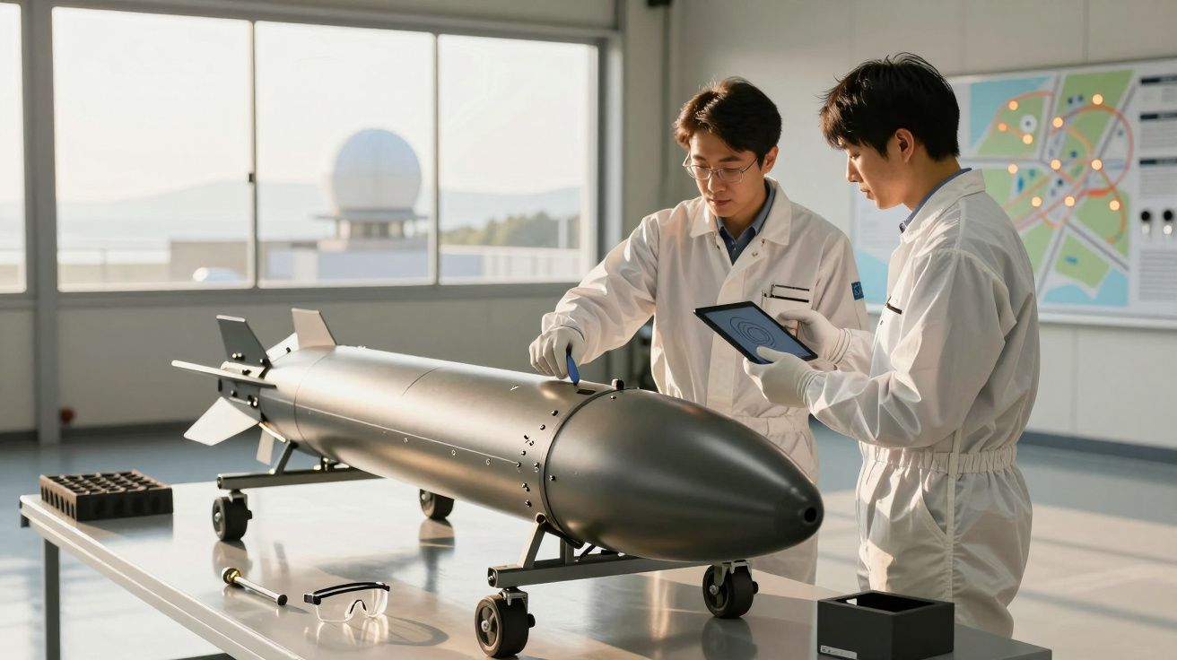 Dois cientistas analisam míssil em laboratório, com mapas na parede e tablet nas mãos.