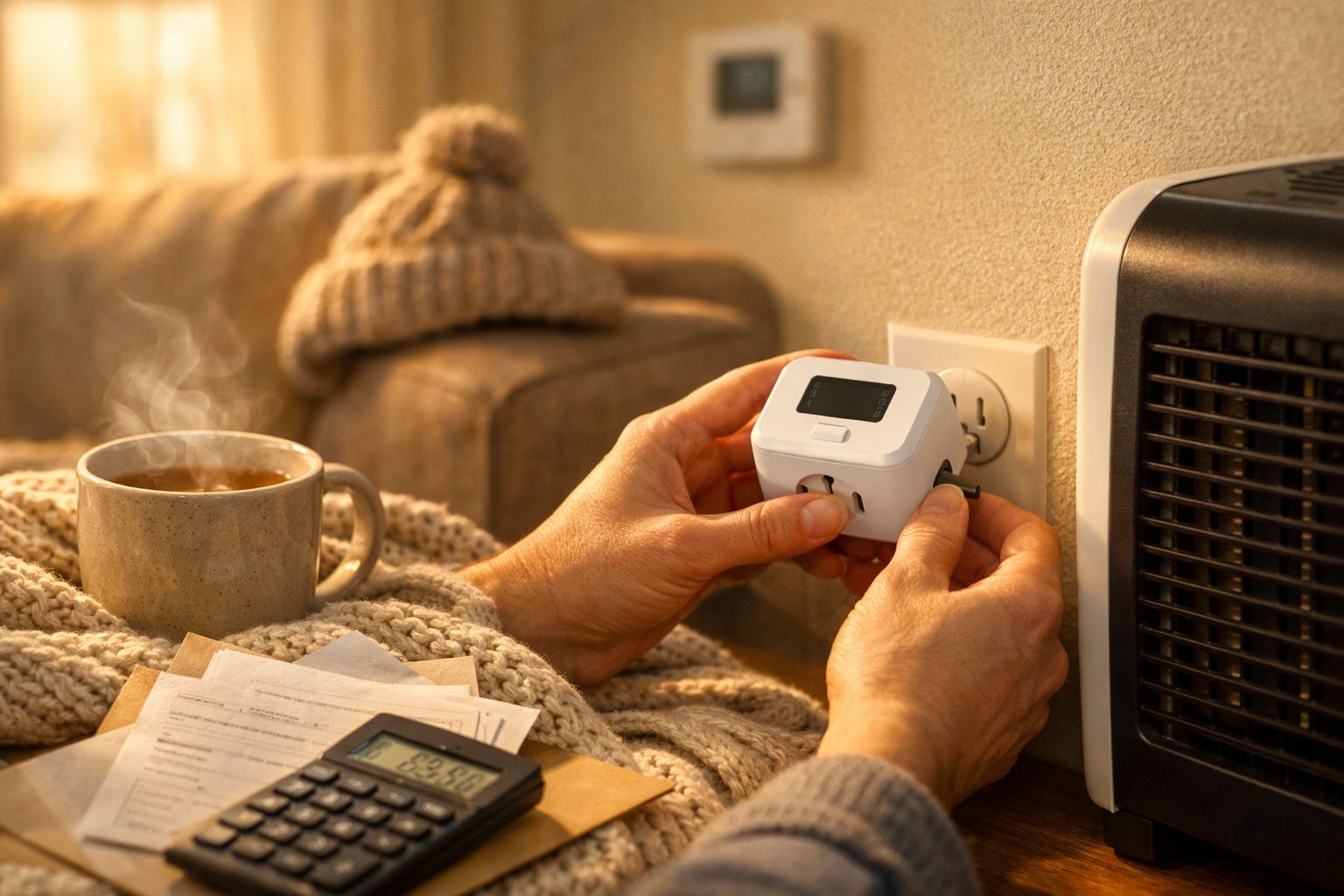 Família a usar um dispositivo de medição de energia numa mesa com documentos, chávena e fios.