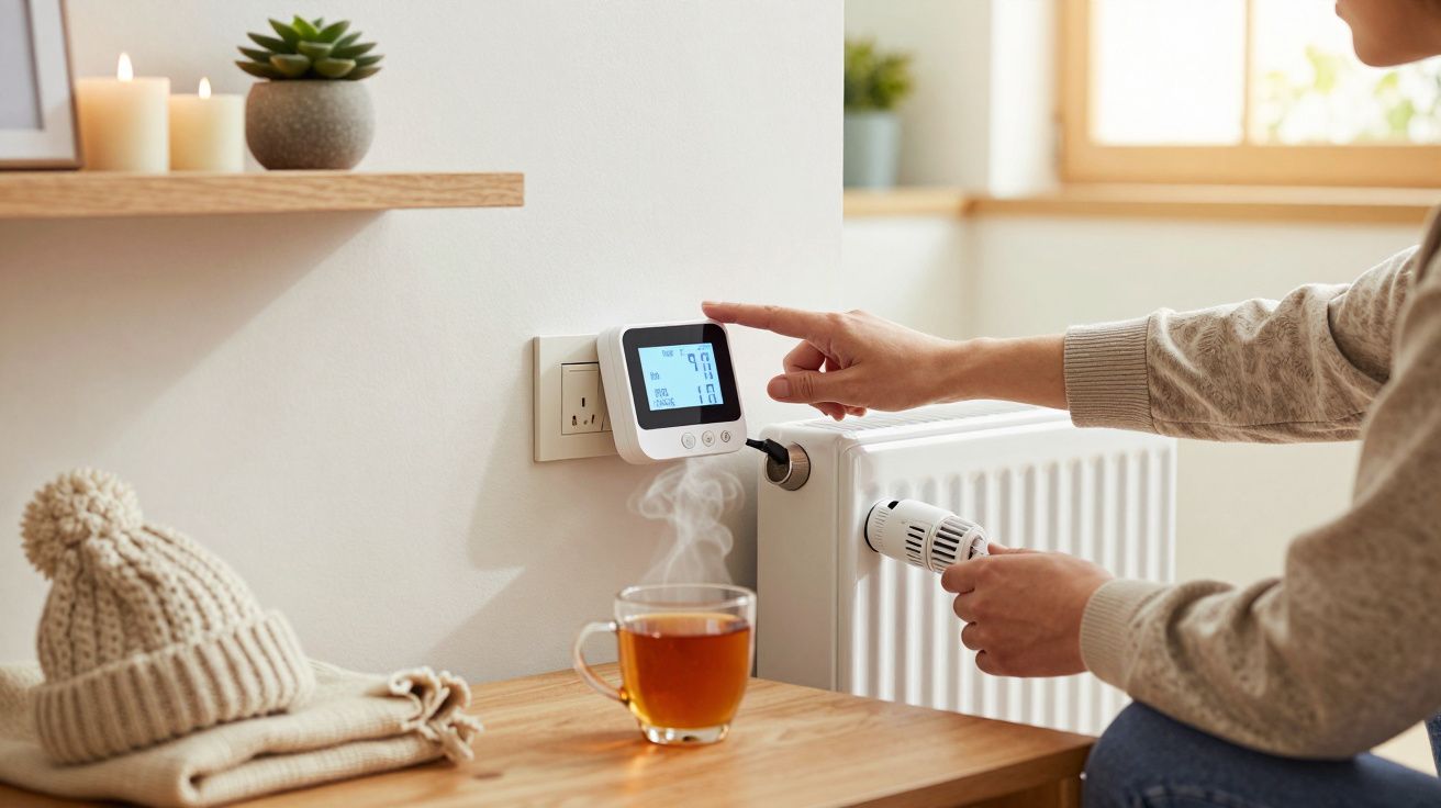 Pessoa ajusta termóstato num aquecedor, com chá quente e gorro tricotado ao lado, num ambiente acolhedor.