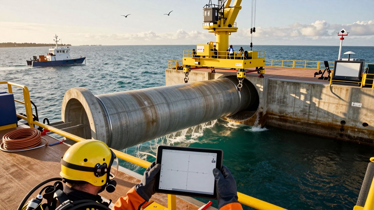 Trabalhador supervisiona instalação de tubulação submarina com grua no oceano, enquanto embarcação navega ao fundo.