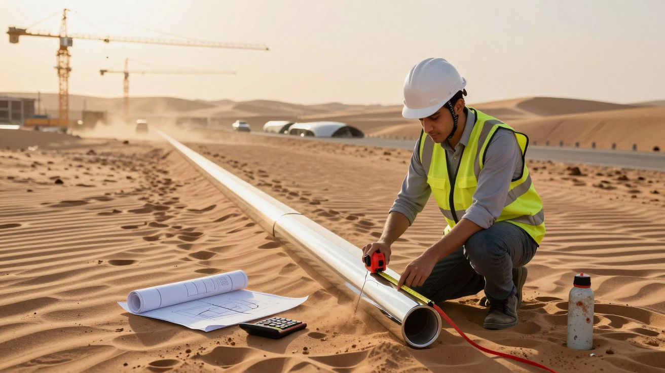 Engenheiro medindo um tubo metálico no deserto com fita métrica, plantas e calculadora ao lado.