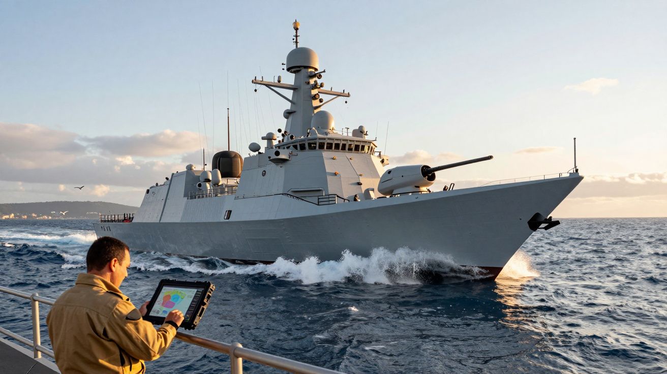Homem com tablet observa navio de guerra cinza navegando em mar calmo ao pôr do sol.
