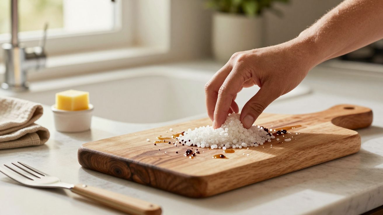 Mão espalhando sal grosso e especiarias numa tábua de madeira na cozinha, com manteiga e garfo ao lado.