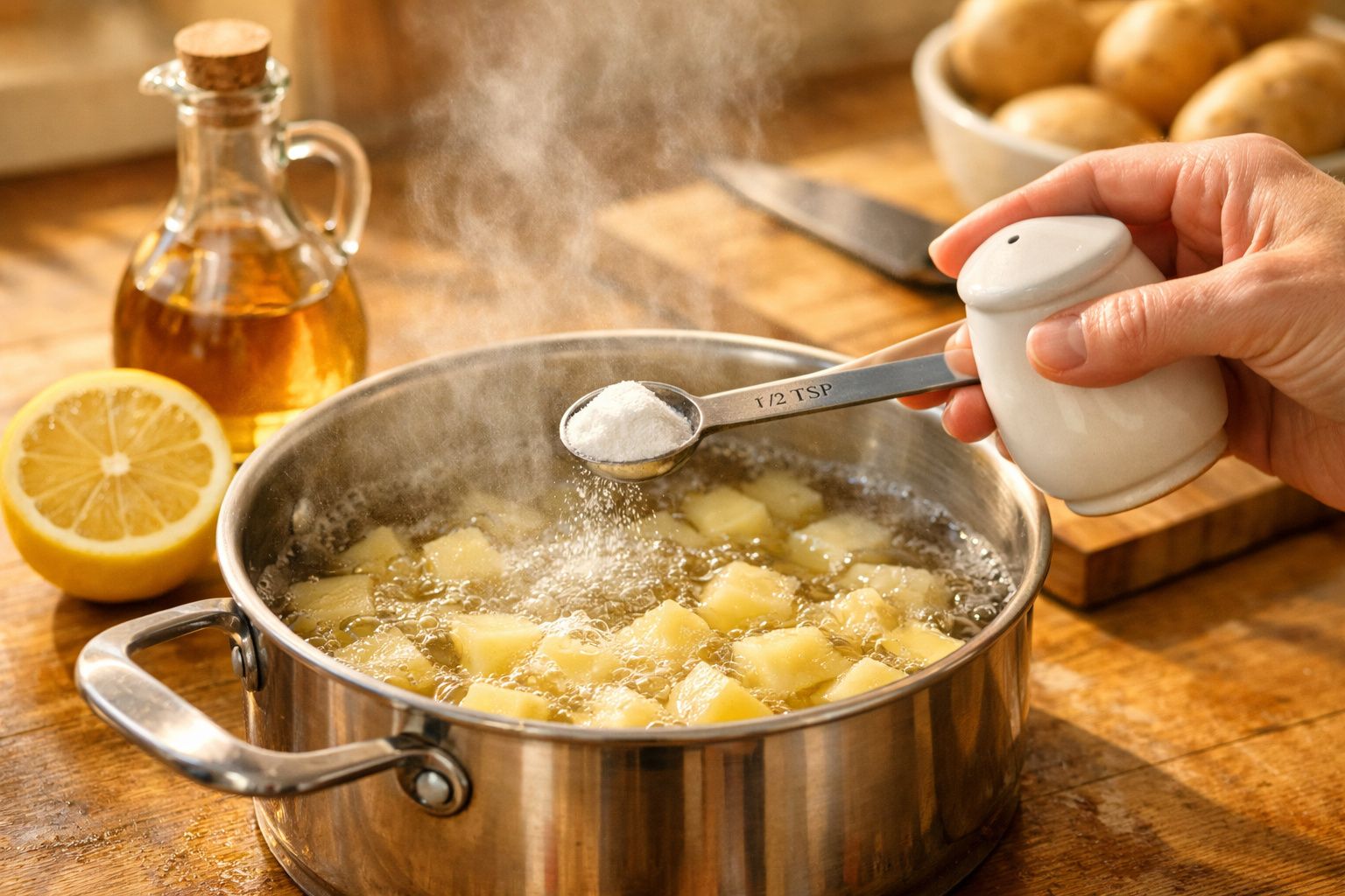 Mão adiciona sal a panela com batatas a ferver; limão, azeite e batatas ao fundo.