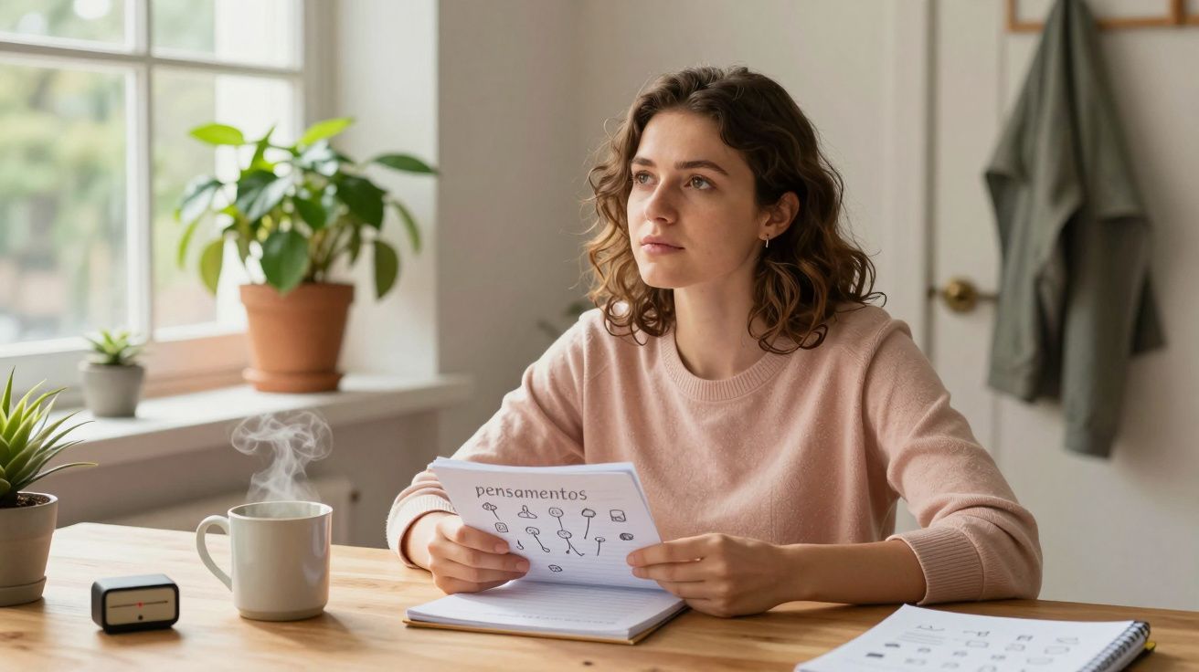 Mulher sentada à mesa de madeira com papéis e chá fumegante, olhando pensativa para cima, perto de janela e plantas.