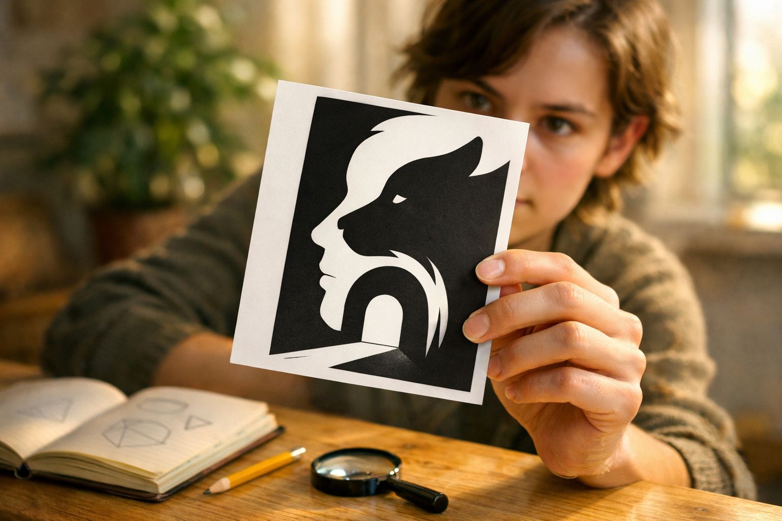 Pessoa segura ilustração de rosto humano e perfil de leão entrelaçados, com livro e lupa na mesa.