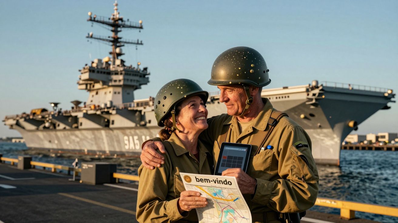 Casal de idosos em uniformes militares com capacetes, sorrindo em frente a um porta-aviões, segurando um mapa e um tablet.