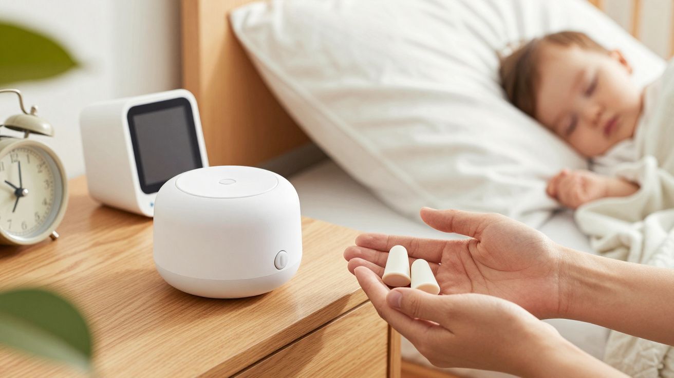 Mãos segurando tampões de ouvido perto de bebé a dormir, com despertador e dispositivo branco na mesa de cabeceira.