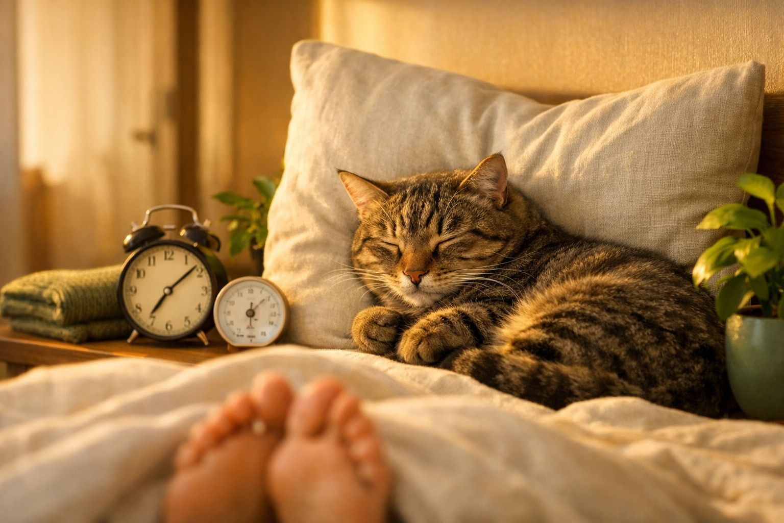 Gato tigrado a dormir numa almofada ao lado de dois despertadores, com pés humanos visíveis na cama.