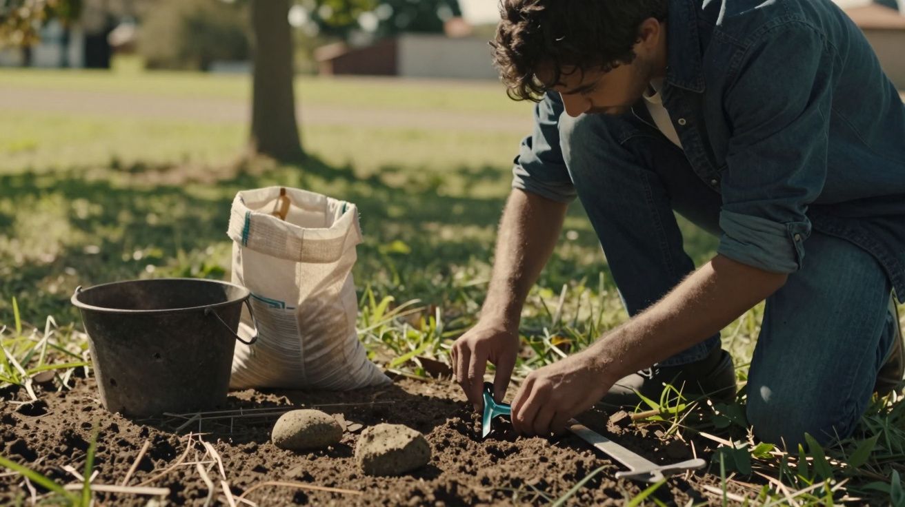 Homem ajoelhado no jardim, preparando a terra com ferramentas ao lado de um saco e balde.