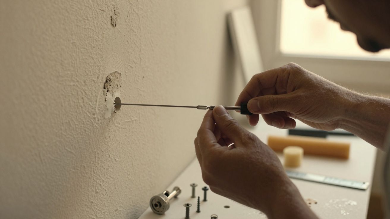 Pessoa a usar chave de fendas para instalar parafuso numa parede, com outras ferramentas ao lado.