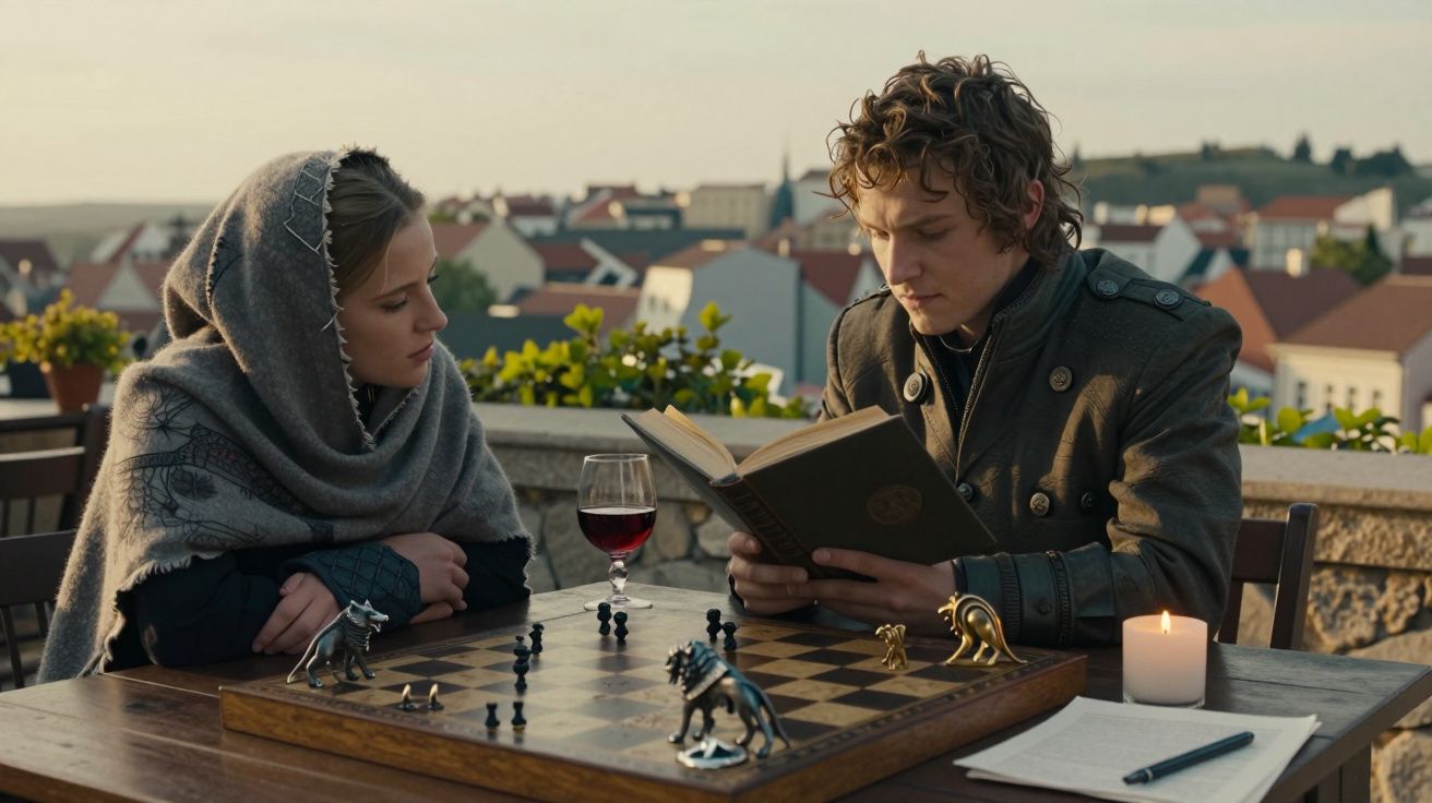 Duas pessoas jogam xadrez ao ar livre, uma lê um livro, com uma taça de vinho ao lado, e uma vela acesa na mesa.