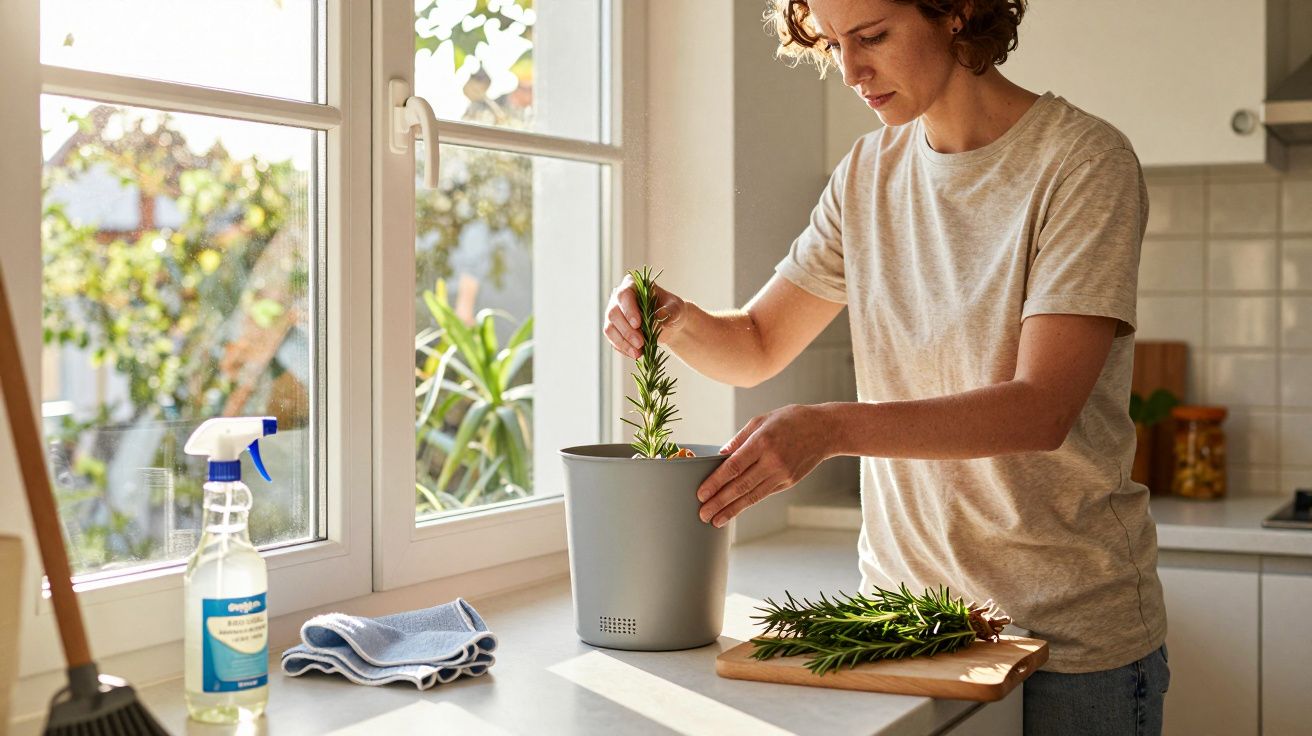 Mulher a plantar alecrim em vaso na cozinha, com luz natural.