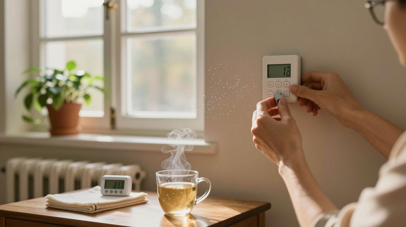 Pessoa ajusta termóstato numa sala com chá fumegante e planta à janela.