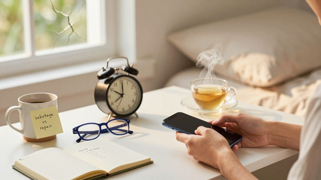 Mão segurando um smartphone sobre uma mesa com chá, despertador, caderno, óculos e caneca ao lado de uma janela iluminada.