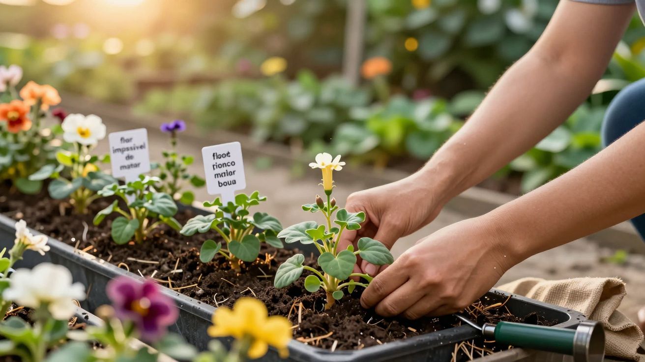 Pessoa a plantar flores coloridas num tabuleiro de terra, com placas de identificação e sol ao fundo.