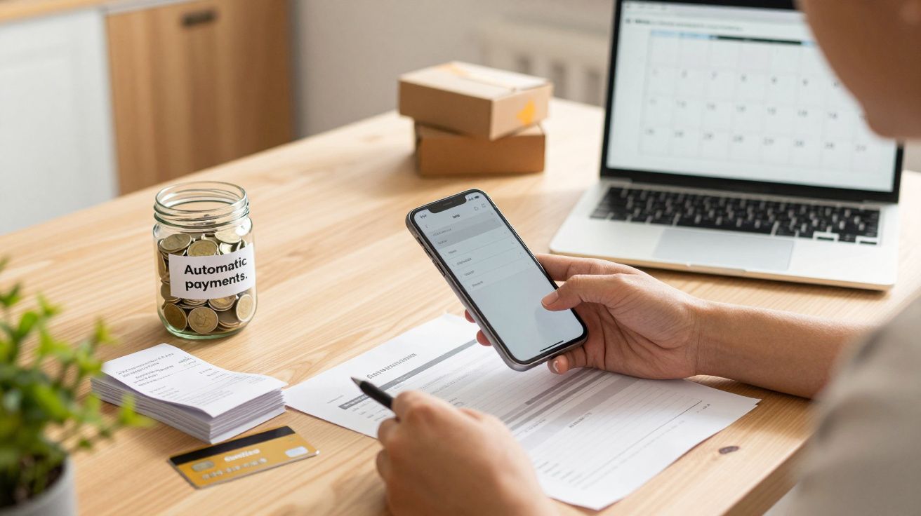 Pessoa a verificar um telemóvel enquanto faz pagamentos automáticos, com um frasco de moedas e portátil na secretária.