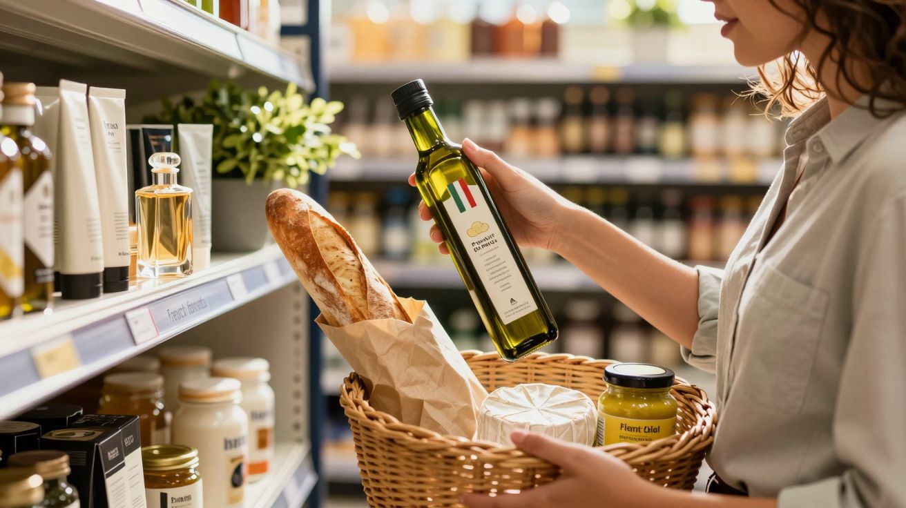 Mulher segura garrafa de azeite em supermercado com cesto contendo pão e outros produtos.