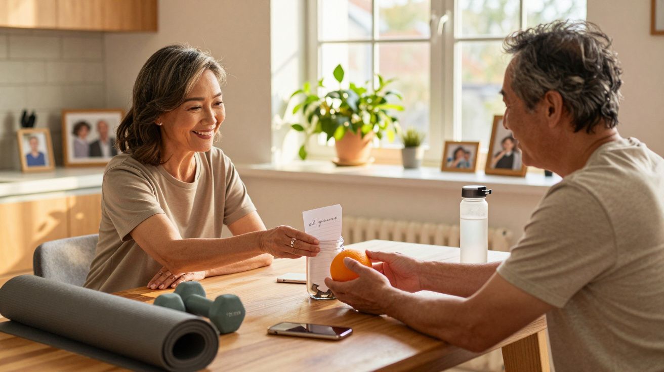 Casal maduro sentado à mesa, mulher segura frasco e homem uma laranja, com garrafa de água e pesos ao lado.