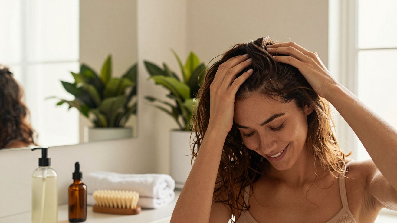 Mulher sorridente lava o cabelo numa casa de banho, com plantas e produtos de cuidado capilar ao fundo.
