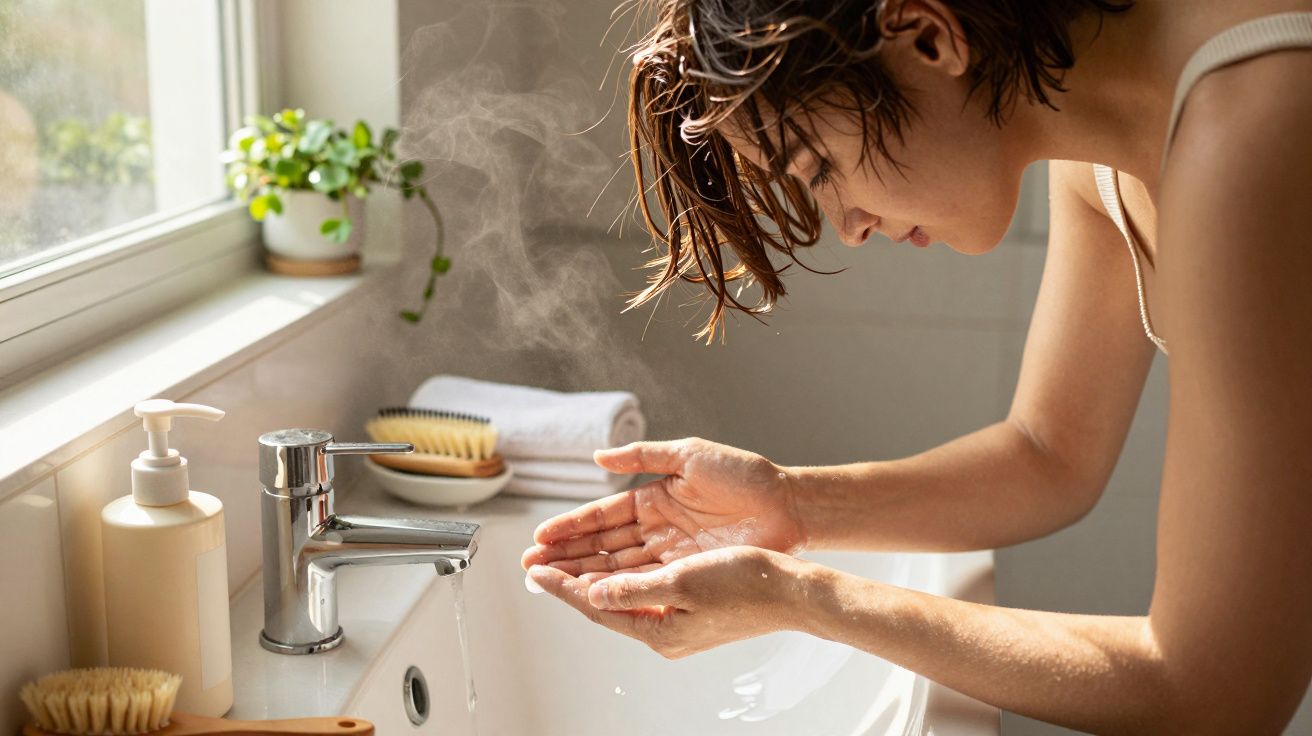 Pessoa lava o rosto numa casa de banho, com água a sair da torneira e uma planta ao lado.