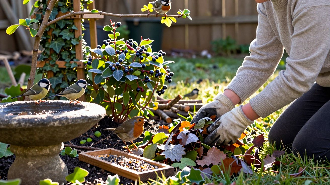 Pessoa a jardinar, rodeada de pássaros junto a taça com água e comedouro, num jardim repleto de folhas e plantas.