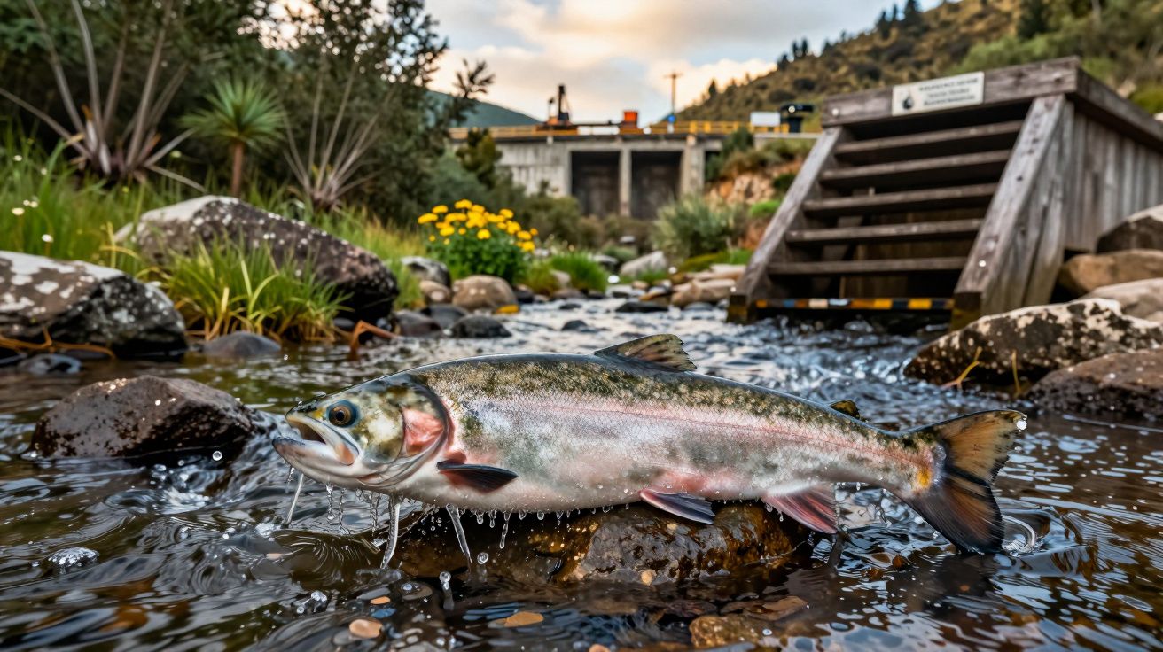 Peixe salta de um riacho com pedras, rodeado por vegetação; barragem ao fundo.