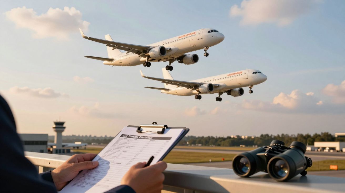 Dois aviões a aterrissar, com uma pessoa a registar num bloco de notas e binóculos na vista de um aeroporto.