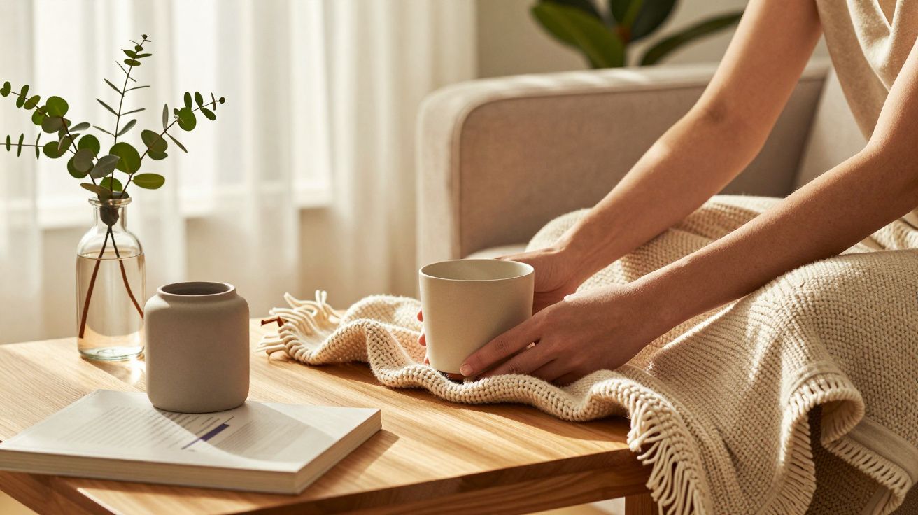 Pessoa segura chávena numa sala iluminada, com manta, jarra e livro sobre mesa de madeira.