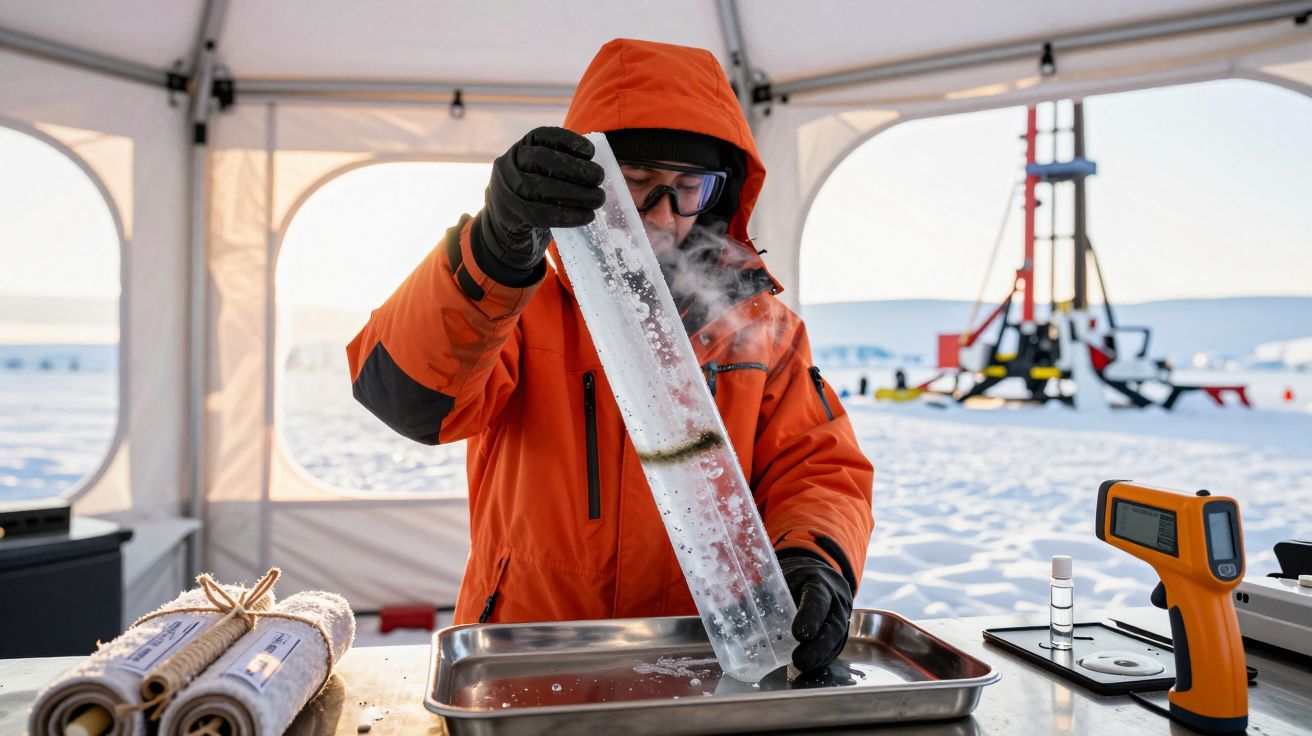 Cientista com casaco laranja analisa amostra de gelo num laboratório ao ar livre no Ártico.