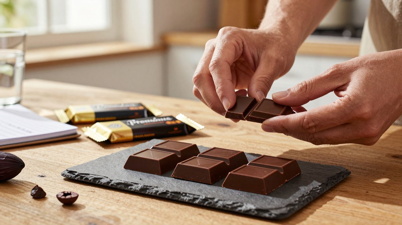 Mãos partindo chocolate em tablete sobre tábua de ardósia, com barras ao fundo numa cozinha iluminada.