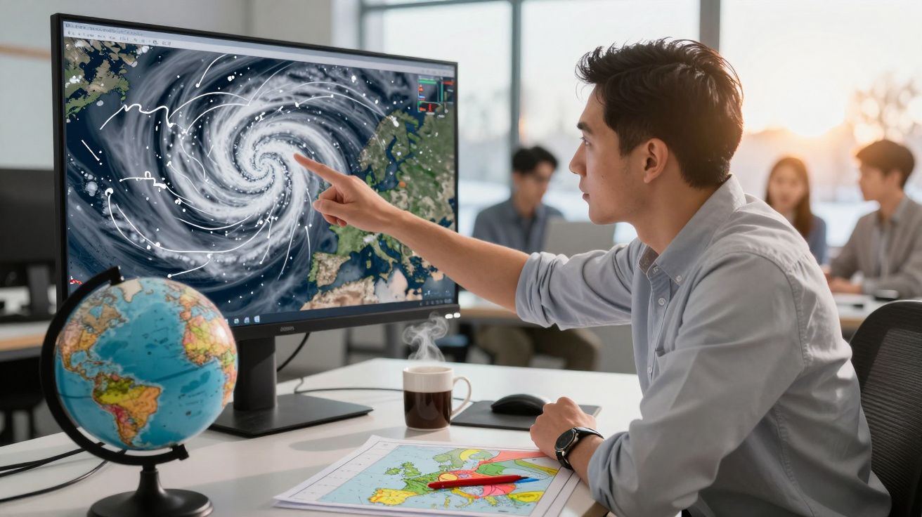 Meteorologista analisa imagem de satélite de furacão no computador, com mapa e globo terrestre na mesa de escritório.