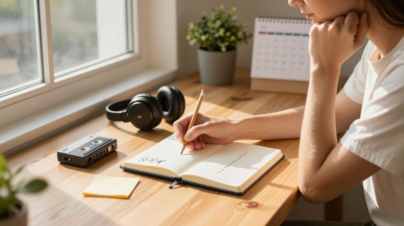 Pessoa a escrever num caderno numa mesa com auriculares, gravador de cassetes e calendário ao lado de uma janela.