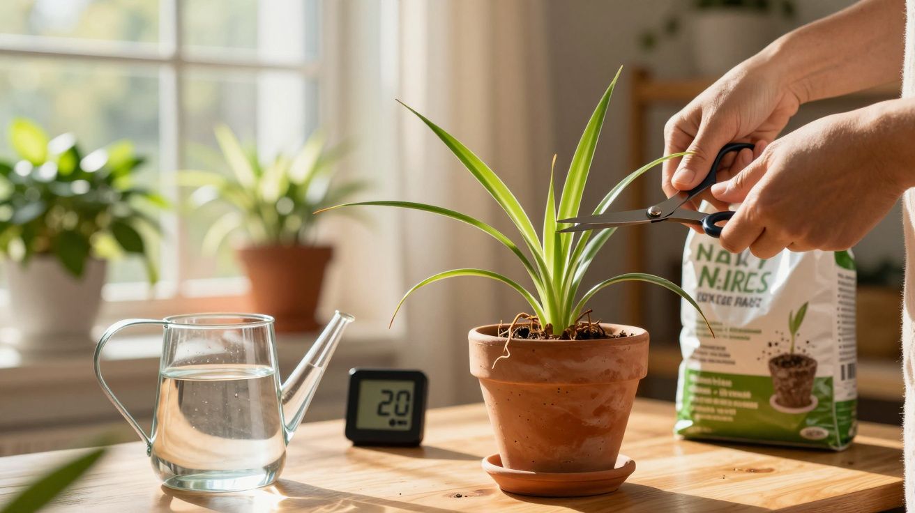 Pessoa a podar planta em vaso de barro numa mesa com regador e termómetro digital ao lado.