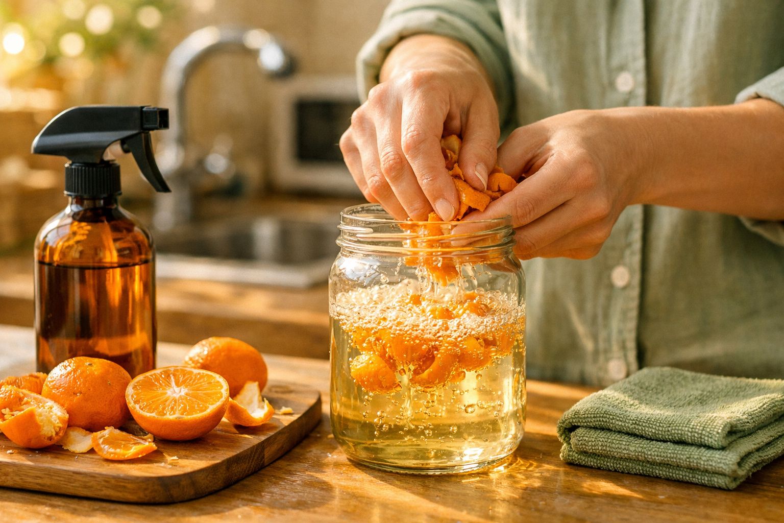 Pessoa a preparar solução de limpeza com cascas de tangerinas num frasco. ao lado, borrifador e toalha verde.