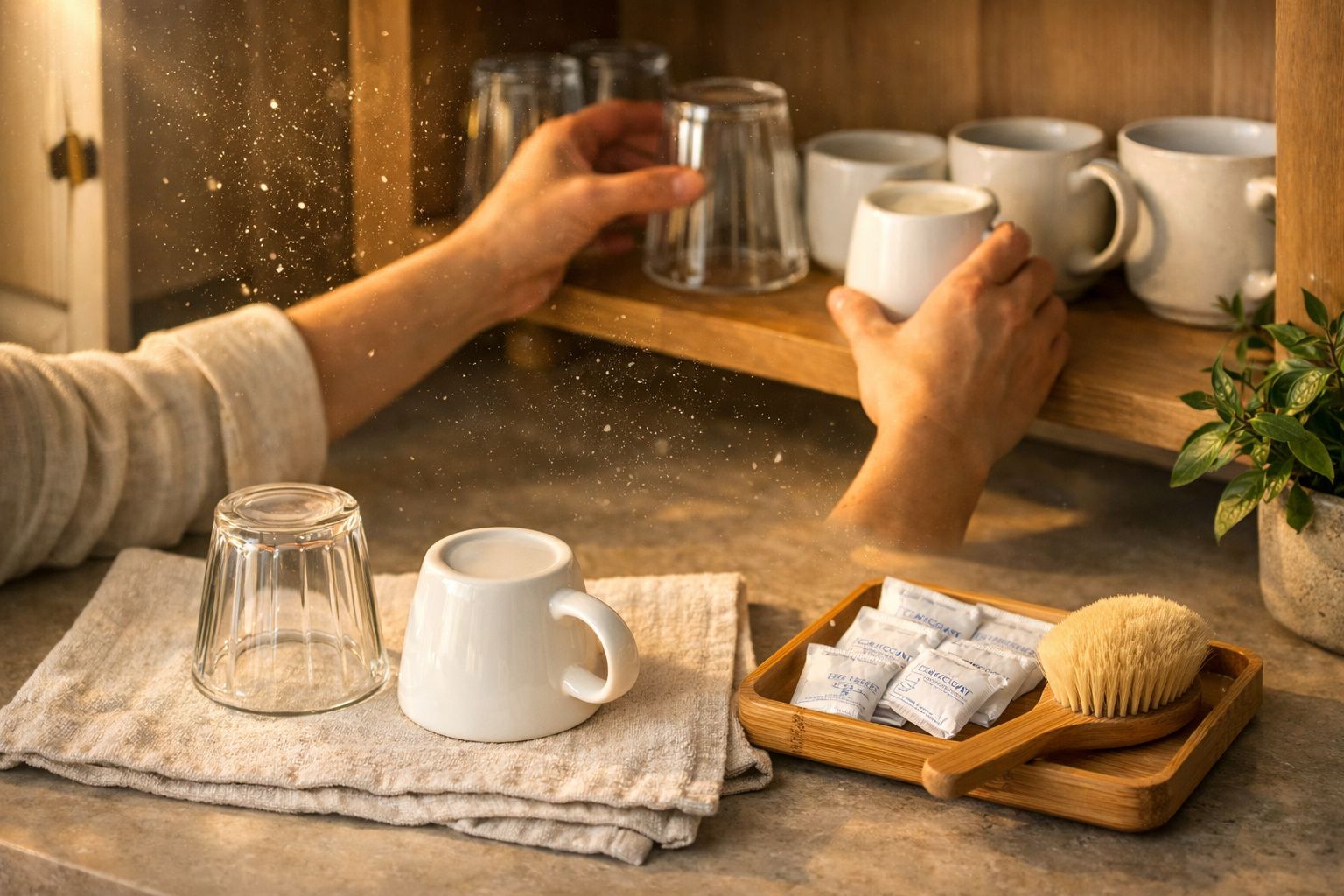 Mãos a organizar copos e canecas num armário de madeira, sobre uma bancada com pano, copo e sabão em pó.