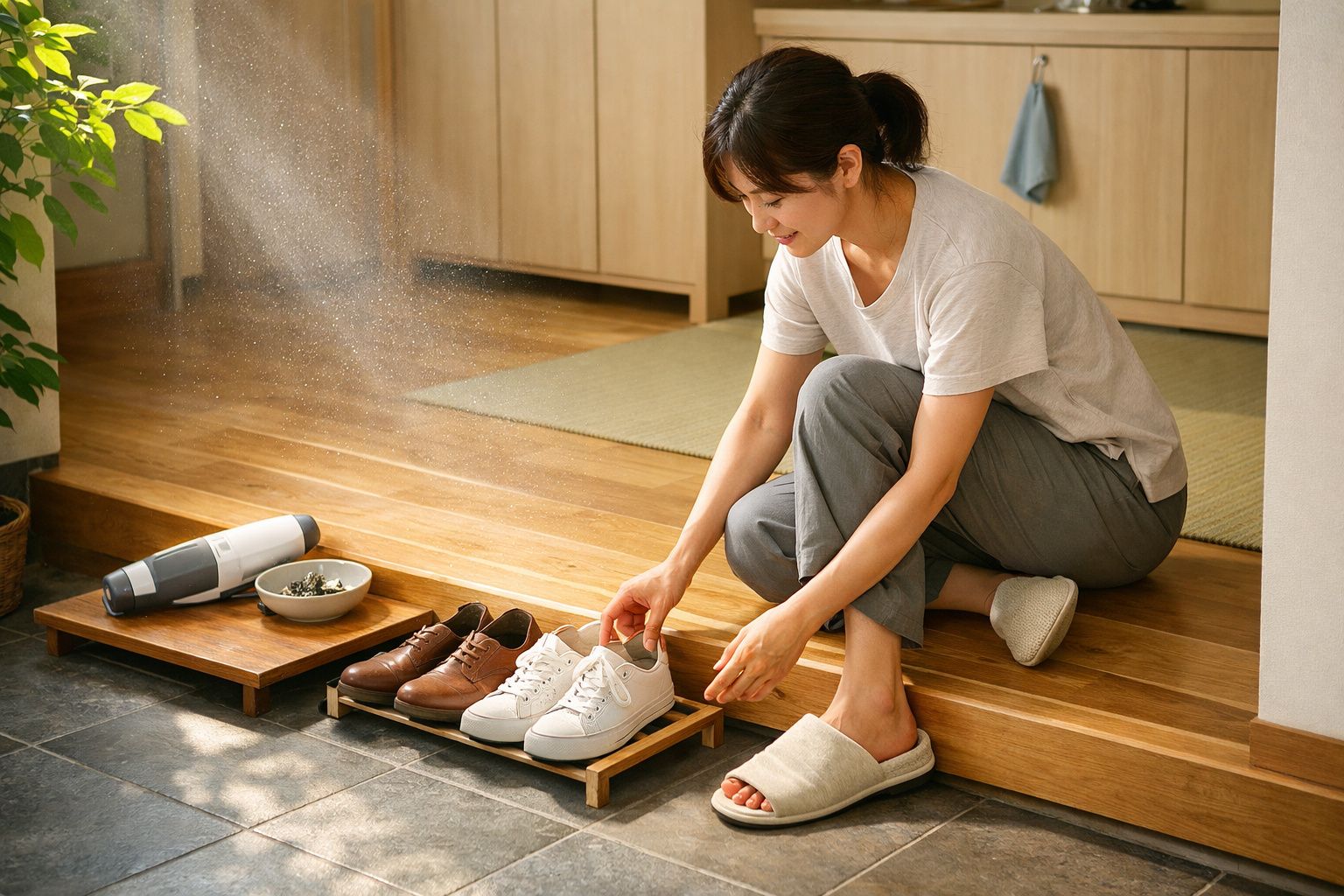 Mulher sentada a arrumar sapatos num suporte de madeira junto à entrada de casa iluminada por luz solar.